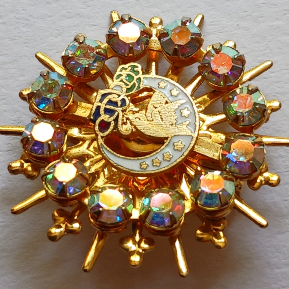 Vintage Odd Fellows Daughters Of Rebekah Brooch AB Rhinestones